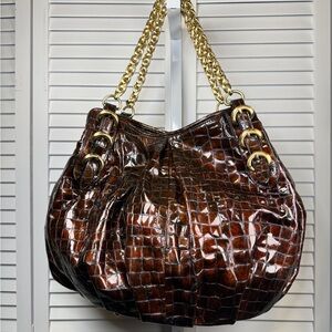 Y2K Thomas Wylde Brown Patent Leather Alligator Embossed Gold Chain Handle Bag